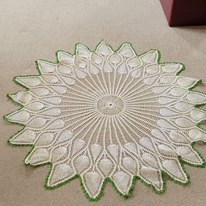 Handmade Lacey Large Doily Table Cover ~ Green Trim ~ Tree Skirt?